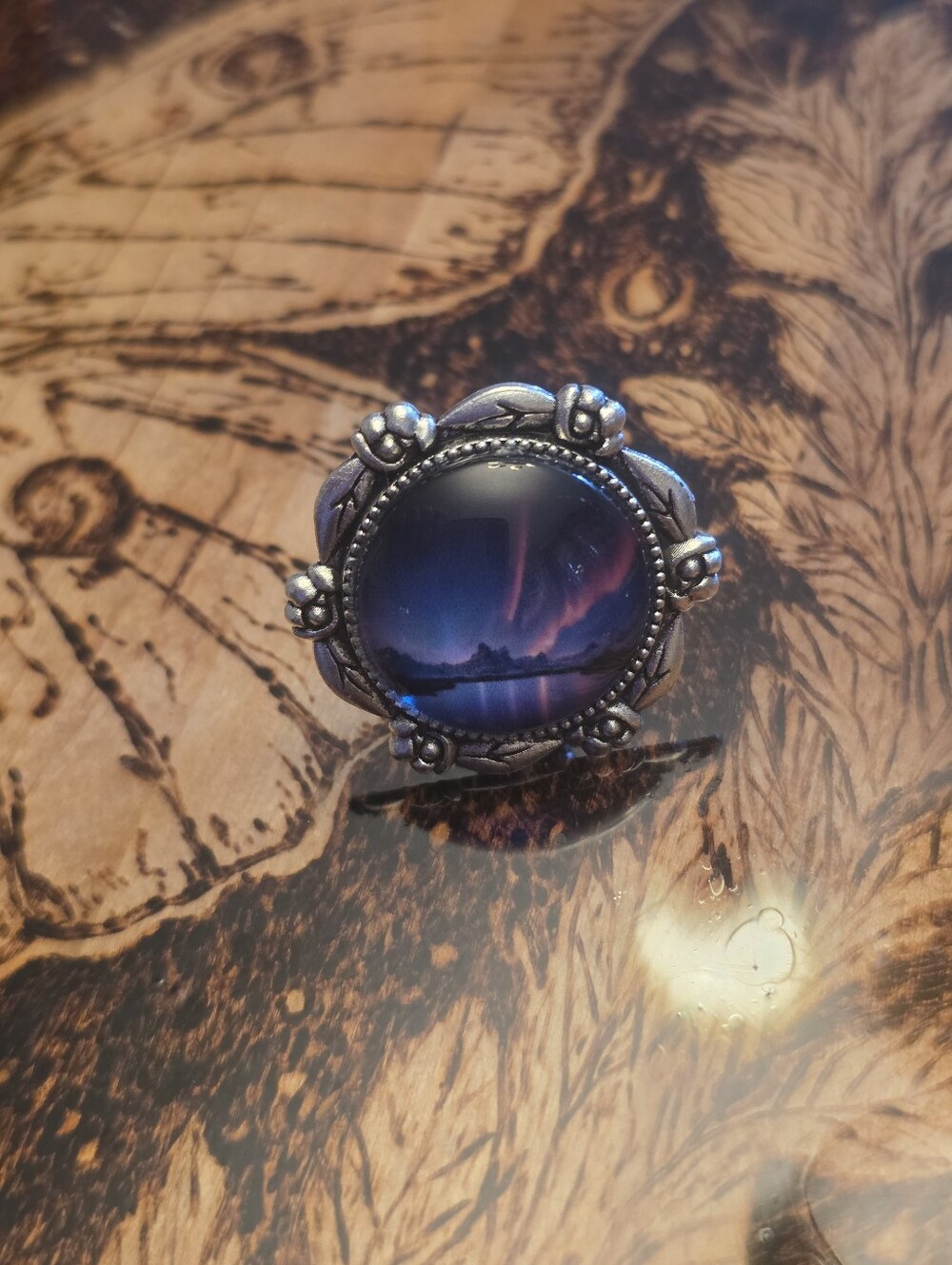 Stormy Sky Round Glass Cabochon In Silver Tone Frame. Adjustable Ring.